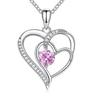 Birthstone Heart Necklace for Women 18K White Gold Silver Cubic Zirconia Gift